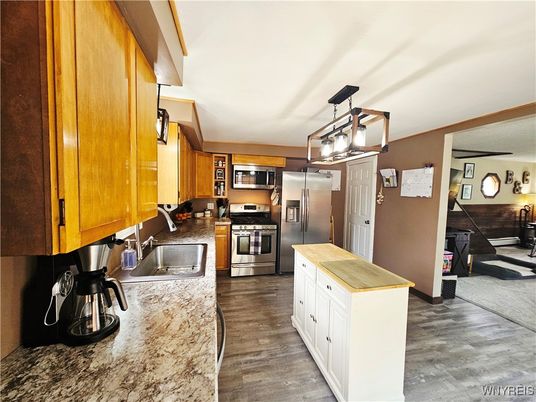 Interior, Kitchen, Pendant Lights, Stainless Steel Appliances, Wood Texture Flooring