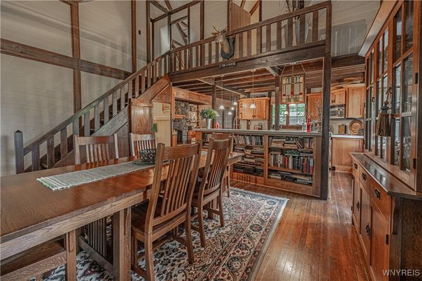 Dining room, Interior, Pendant Lights, Wooden Beams, Wood Texture Flooring