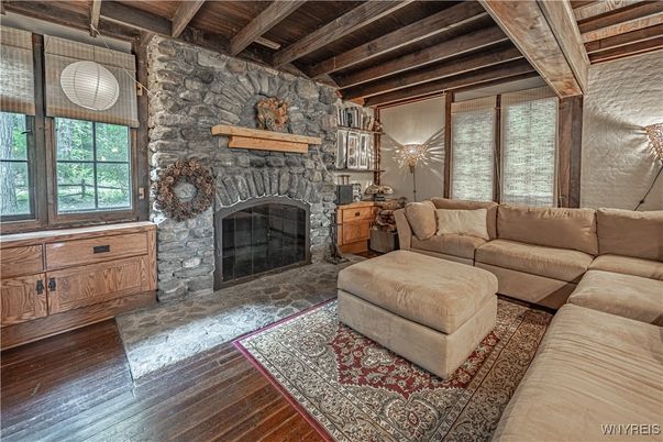Fireplace, Interior, Living room, Pendant Lights, Stone Walls, Wooden Beams, Wooden Ceilings, Wood Texture Flooring