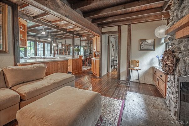 Interior, Living room, Pendant Lights, Stone Walls, Wooden Beams, Wooden Ceilings, Wood Texture Flooring