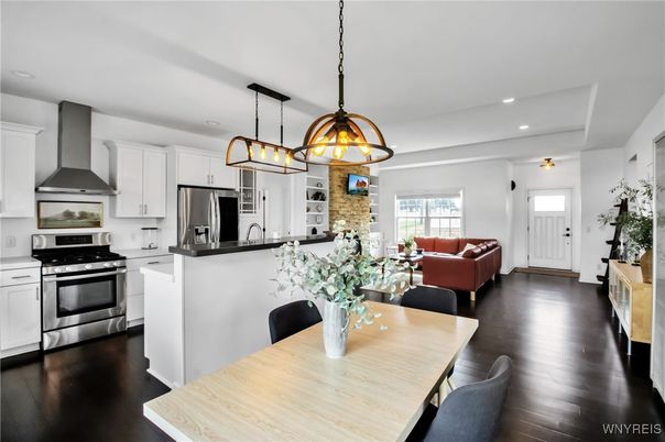 Dining room, Interior, Kitchen, Living room, Pendant Lights, Recessed Lighting, Stainless Steel Appliances, Wood Texture Flooring