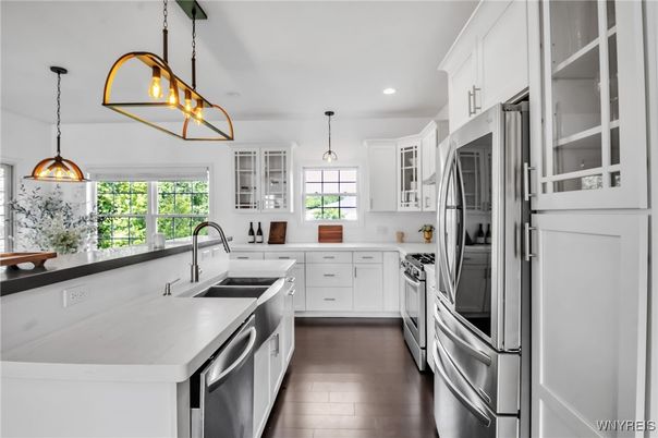 Interior, Kitchen, Pendant Lights, Recessed Lighting, Stainless Steel Appliances, Wood Texture Flooring