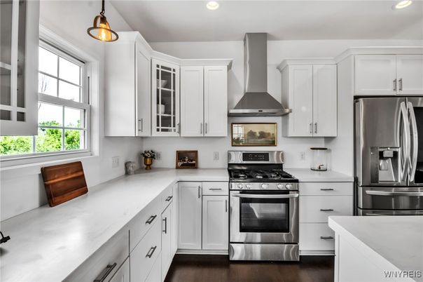 Interior, Kitchen, Pendant Lights, Recessed Lighting, Stainless Steel Appliances, Wood Texture Flooring