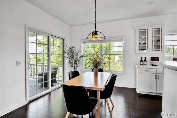 Dining room, Interior, Pendant Lights, Wood Texture Flooring
