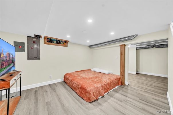 Bedroom, Interior, Recessed Lighting, Wood Texture Flooring