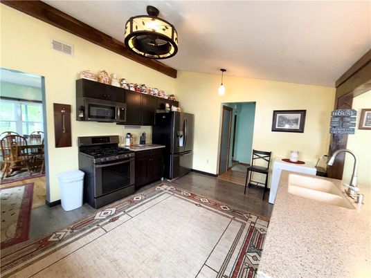 Dining room, Interior, Kitchen, Pendant Lights, Wood Texture Flooring