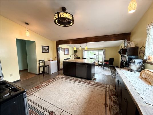 Interior, Kitchen, Pendant Lights, Wood Texture Flooring