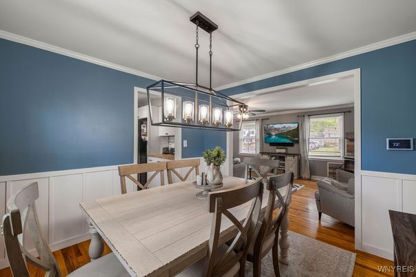 Dining room, Interior, Pendant Lights, Wood Texture Flooring