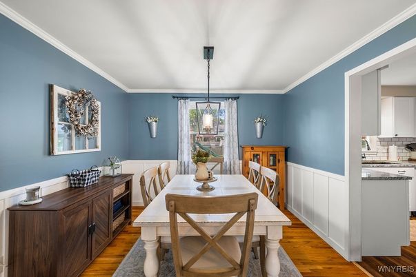 Dining room, Interior, Pendant Lights, Wood Texture Flooring