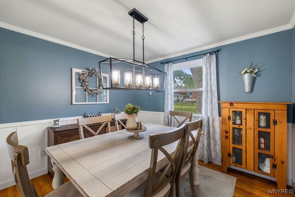 Dining room, Interior, Pendant Lights, Wood Texture Flooring