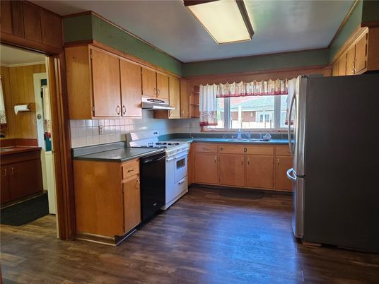 Interior, Kitchen, Tile Countertops, Wood Texture Flooring