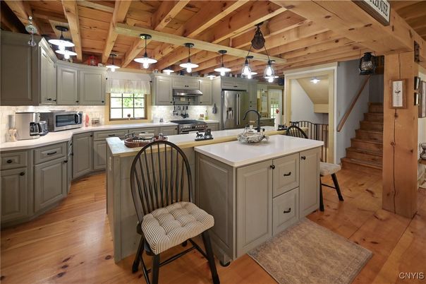 Interior, Kitchen, Pendant Lights, Stainless Steel Appliances, Wooden Beams, Wooden Ceilings, Wood Texture Flooring