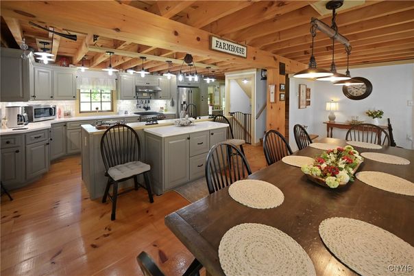 Dining room, Interior, Kitchen, Pendant Lights, Wooden Beams, Wooden Ceilings, Wood Texture Flooring