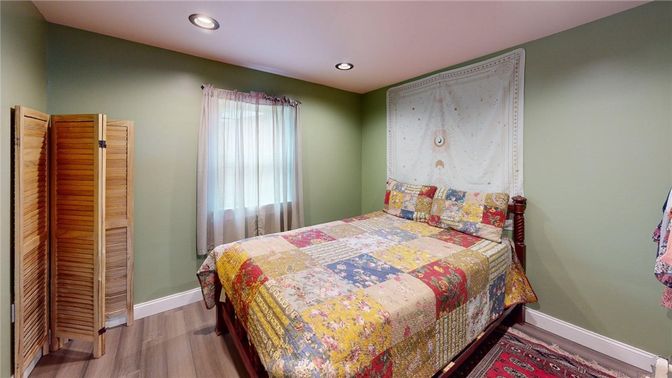 Bedroom, Interior, Recessed Lighting, Wood Texture Flooring