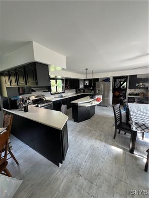 Dining room, Interior, Kitchen, Pendant Lights, Wood Texture Flooring