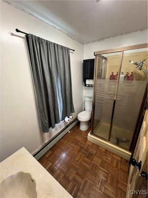 Bathroom, Glass Shower, Interior, Wood Texture Flooring