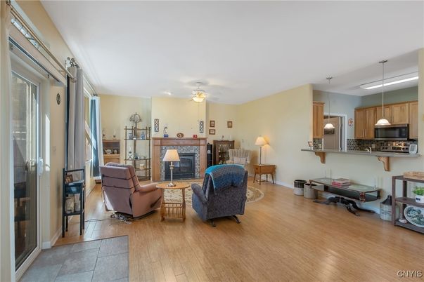 Fireplace, Interior, Kitchen, Living room, Pendant Lights, Wood Texture Flooring