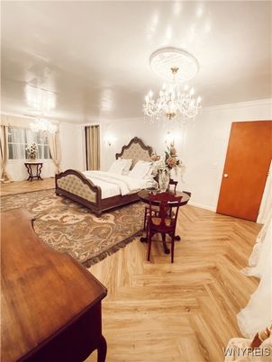 Bedroom, Chandelier, Interior, Wood Texture Flooring