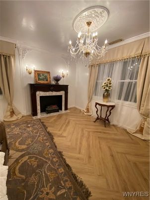 Chandelier, Fireplace, Interior, Wood Texture Flooring
