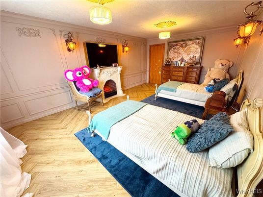 Bedroom, Fireplace, Interior, Wood Texture Flooring