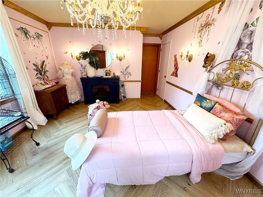 Bedroom, Chandelier, Interior, Wood Texture Flooring
