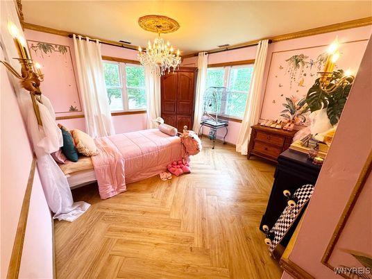 Bedroom, Chandelier, Interior, Wood Texture Flooring