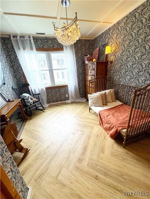 Bedroom, Chandelier, Interior, Wood Texture Flooring