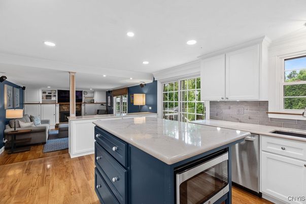 Interior, Kitchen, Living room, Recessed Lighting, Stainless Steel Appliances, Wood Texture Flooring