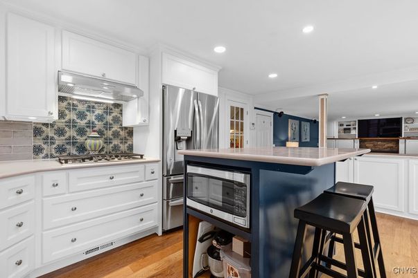 Interior, Kitchen, Recessed Lighting, Stainless Steel Appliances, Wood Texture Flooring