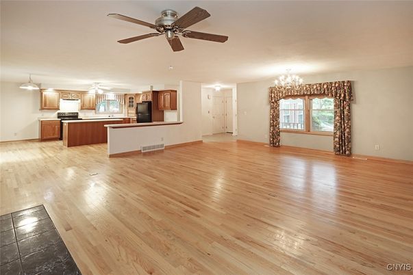 Chandelier, Empty room, Interior, Kitchen, Wood Texture Flooring
