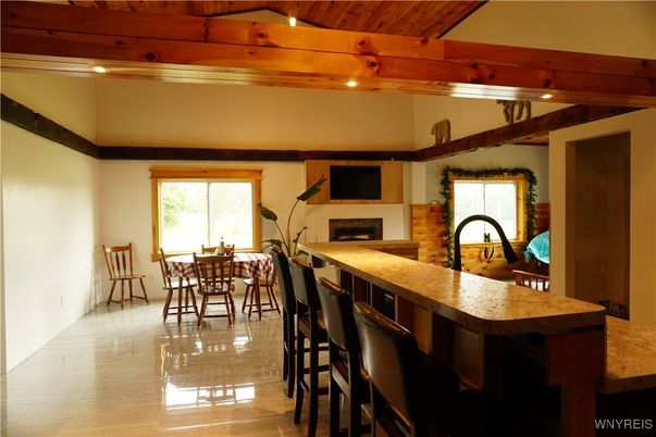 Dining room, Fireplace, Interior, Recessed Lighting, Wooden Beams, Wooden Ceilings