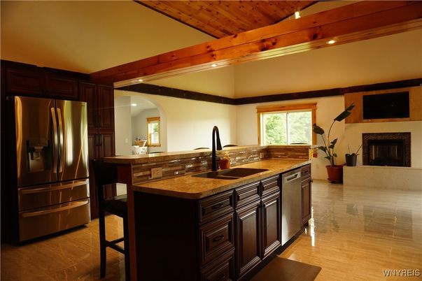Fireplace, Interior, Kitchen, Stainless Steel Appliances, Wooden Beams, Wooden Ceilings, Wood Texture Flooring