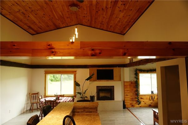 Dining room, Fireplace, Interior, Wooden Ceilings