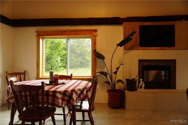 Dining room, Fireplace, Interior, Wood Texture Flooring