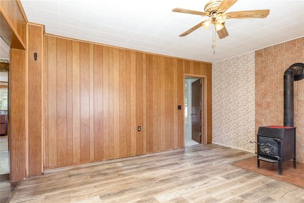 Empty room, Fireplace, Interior, Stone Walls, Wood Texture Flooring, Wooden Walls