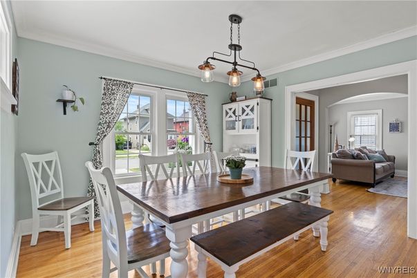 Dining room, Interior, Living room, Pendant Lights, Wood Texture Flooring