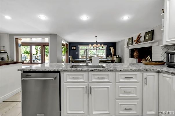 Chandelier, Dining room, Fireplace, Interior, Kitchen, Recessed Lighting