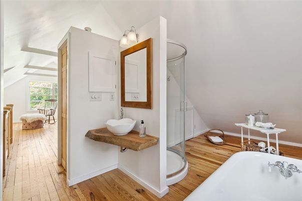 Bathroom, Dual Sink Vanities, Glass Shower, Interior, Wood Texture Flooring
