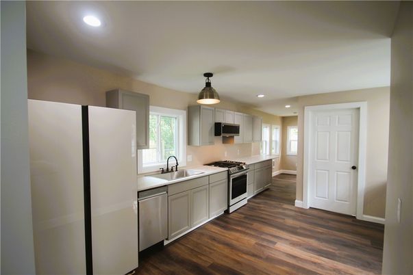 Interior, Kitchen, Recessed Lighting, Stainless Steel Appliances, Wood Texture Flooring