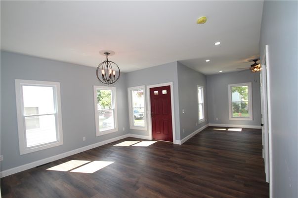 Chandelier, Empty room, Interior, Recessed Lighting, Wood Texture Flooring