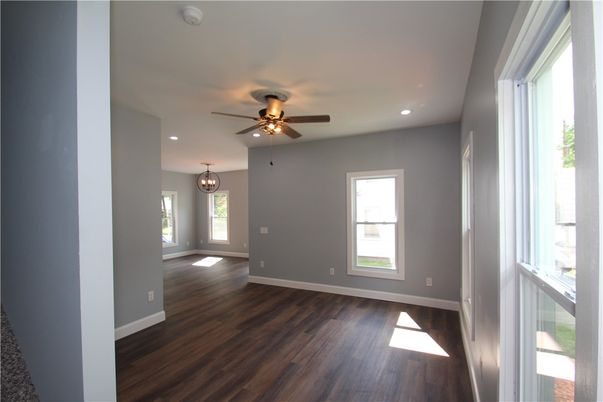 Chandelier, Empty room, Interior, Recessed Lighting, Wood Texture Flooring
