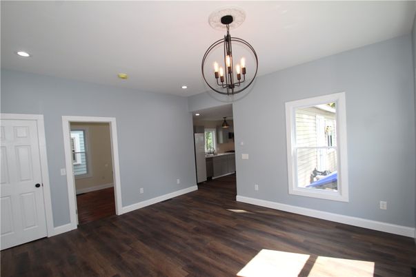 Chandelier, Empty room, Interior, Recessed Lighting, Wood Texture Flooring