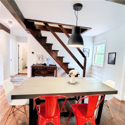 Dining room, Interior, Pendant Lights, Wood Texture Flooring