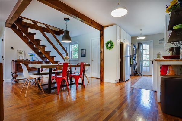 Dining room, Interior, Kitchen, Pendant Lights, Wooden Beams, Wood Texture Flooring