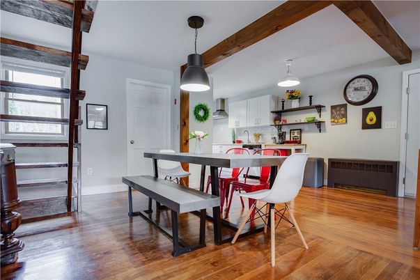 Dining room, Interior, Kitchen, Pendant Lights, Wooden Beams, Wood Texture Flooring