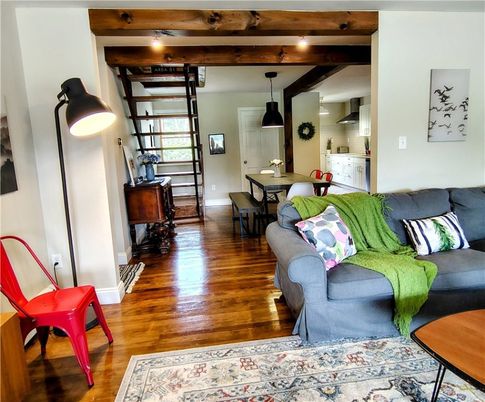 Dining room, Interior, Living room, Pendant Lights, Wooden Beams, Wood Texture Flooring