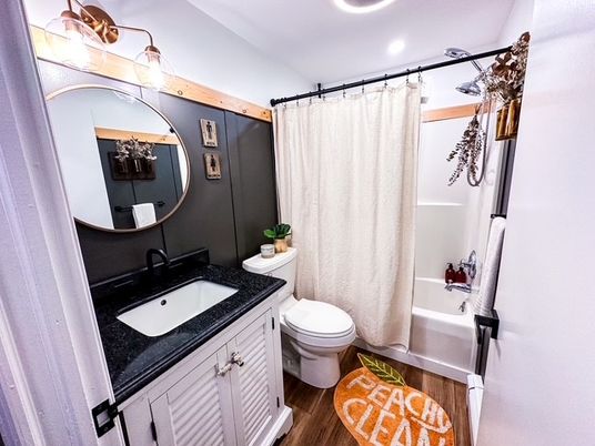Bathroom, Interior, Recessed Lighting, Wood Texture Flooring