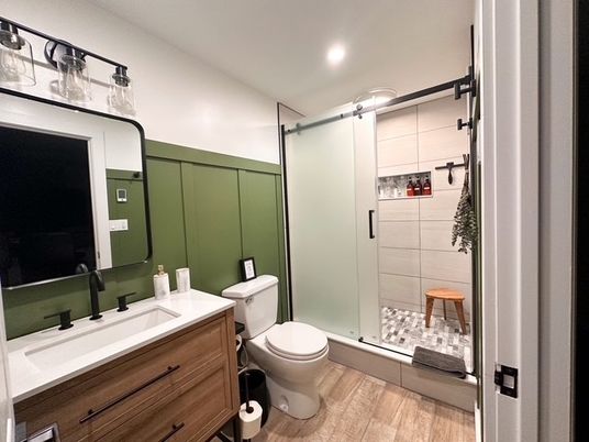 Bathroom, Glass Shower, Interior, Recessed Lighting, Wood Texture Flooring
