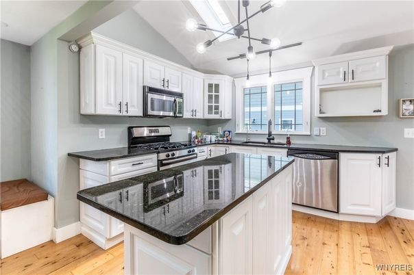 Interior, Kitchen, Pendant Lights, Stainless Steel Appliances, Wood Texture Flooring