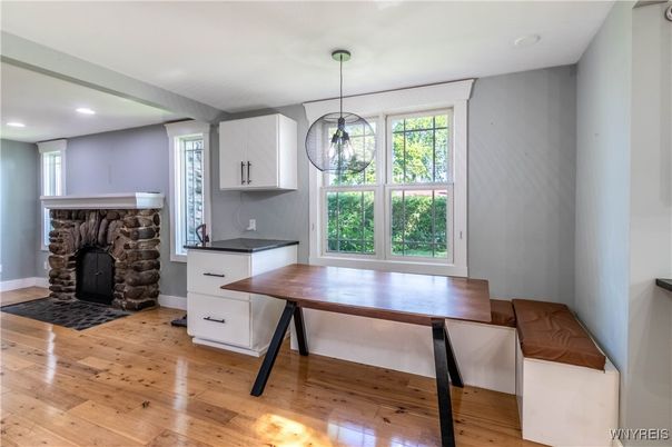 Fireplace, Interior, Pendant Lights, Recessed Lighting, Wood Texture Flooring